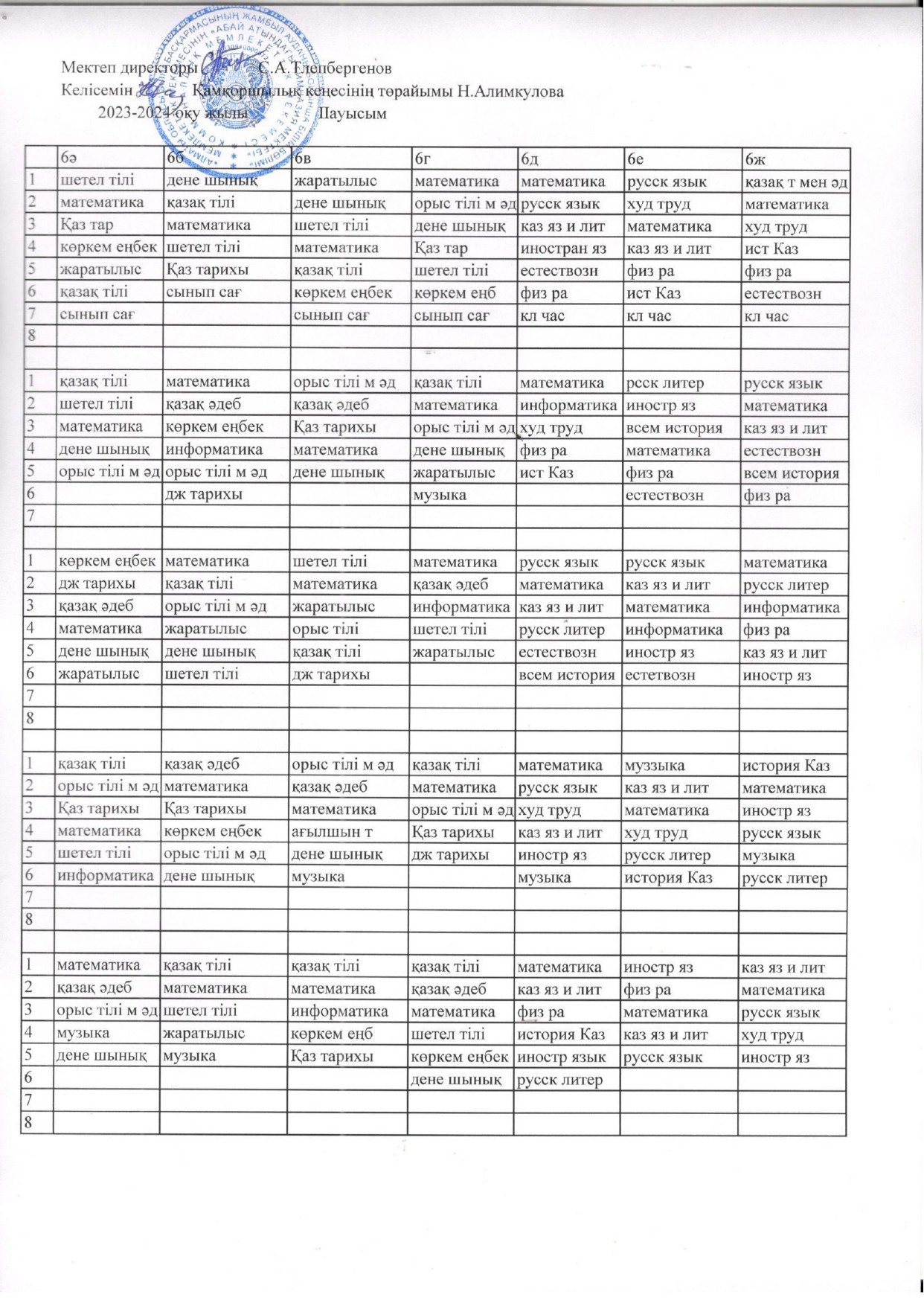 Расписание уроков 2023-2024 оқу жылы 2 кезең